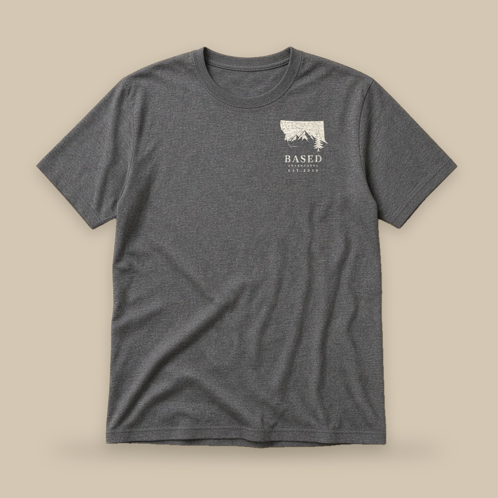 A dark grey heather BASED tee with the square logo on the chest