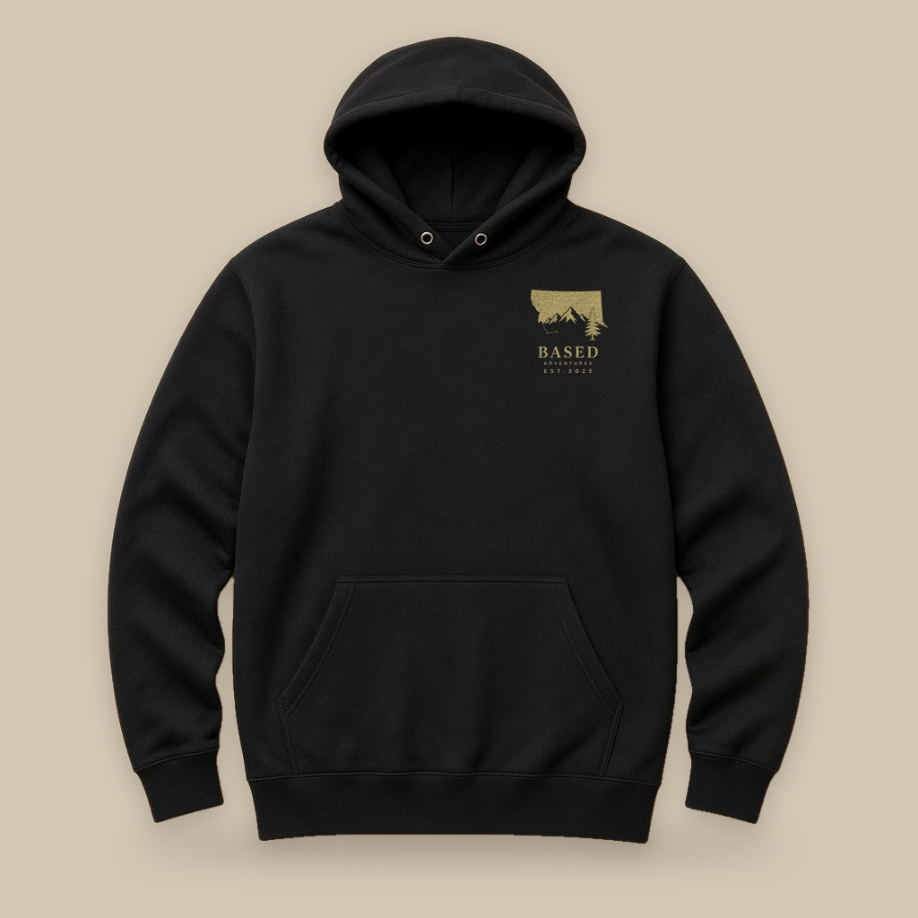 A black BASED hoodie with an olive logo on the chest