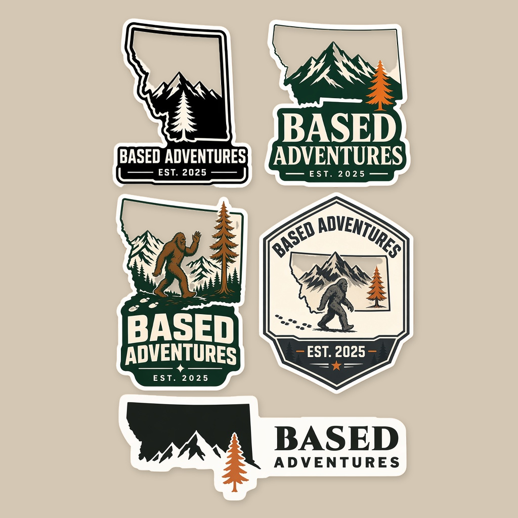 A sheet of five die cut BASED stickers