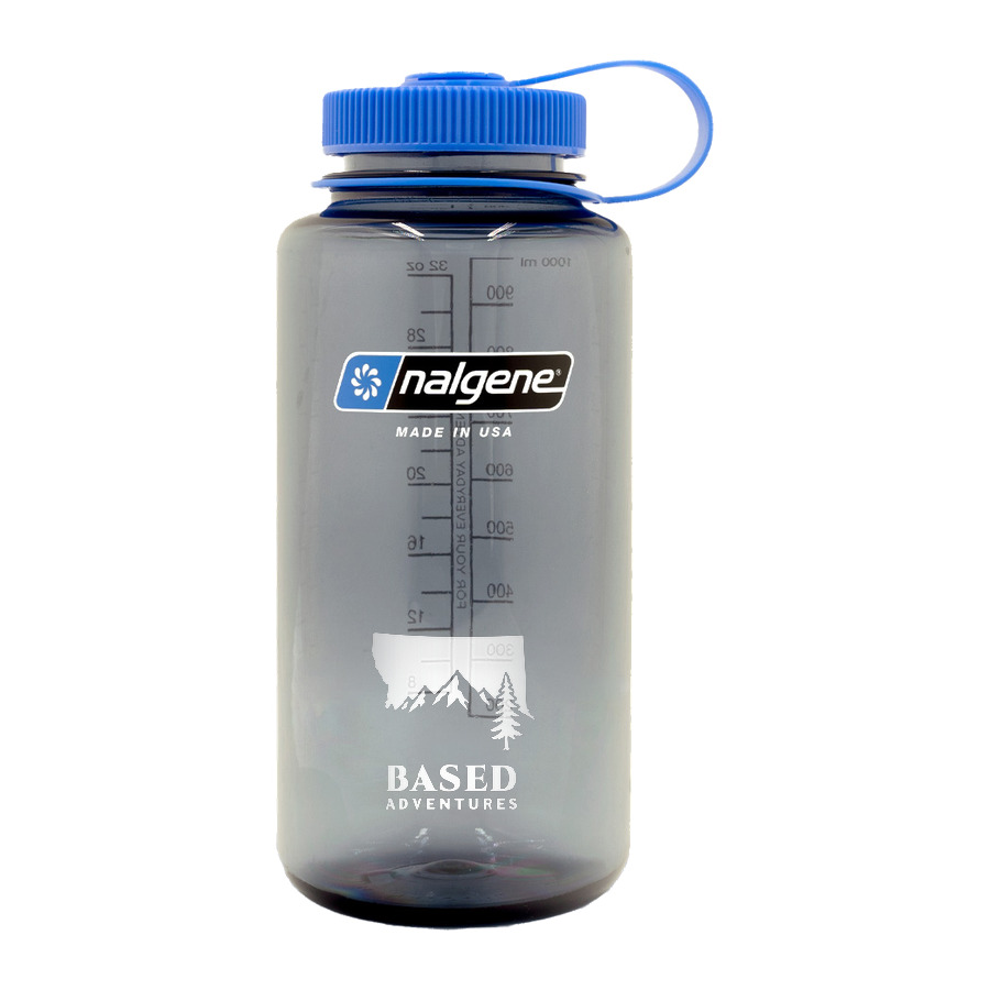 A smoke gray 32 oz wide mouth Nalgene bottle with the BASED logo printed in white