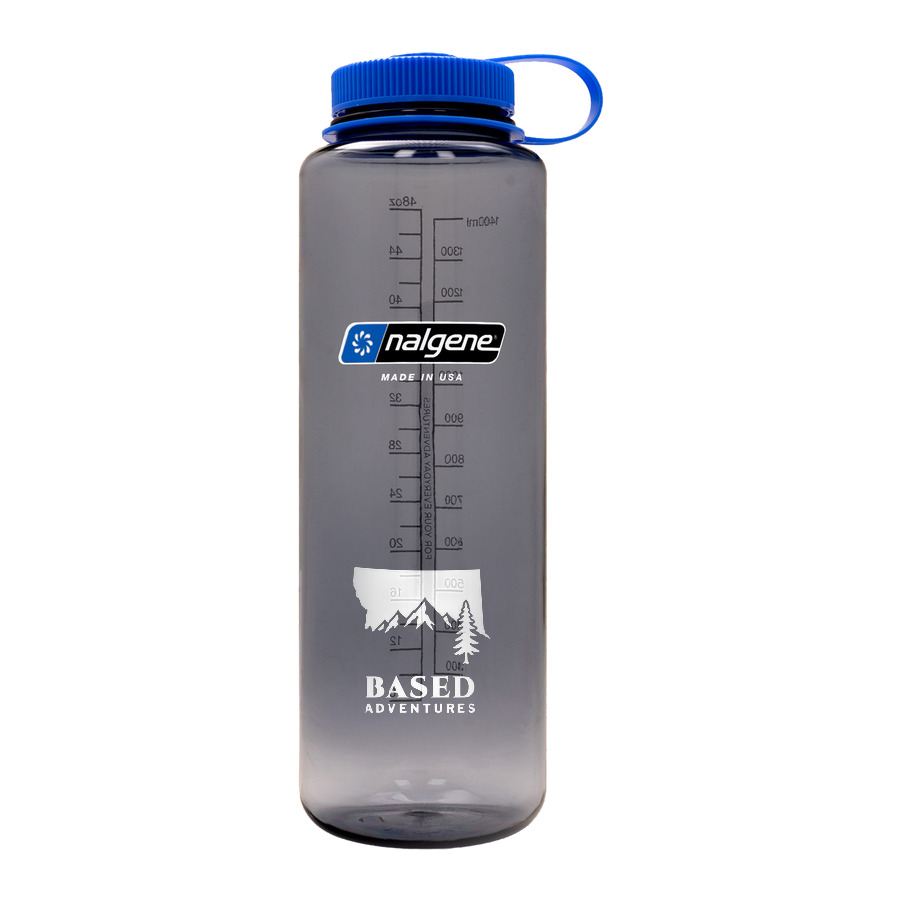 A smoke gray 48 oz wide mouth Nalgene bottle with the BASED logo printed in white